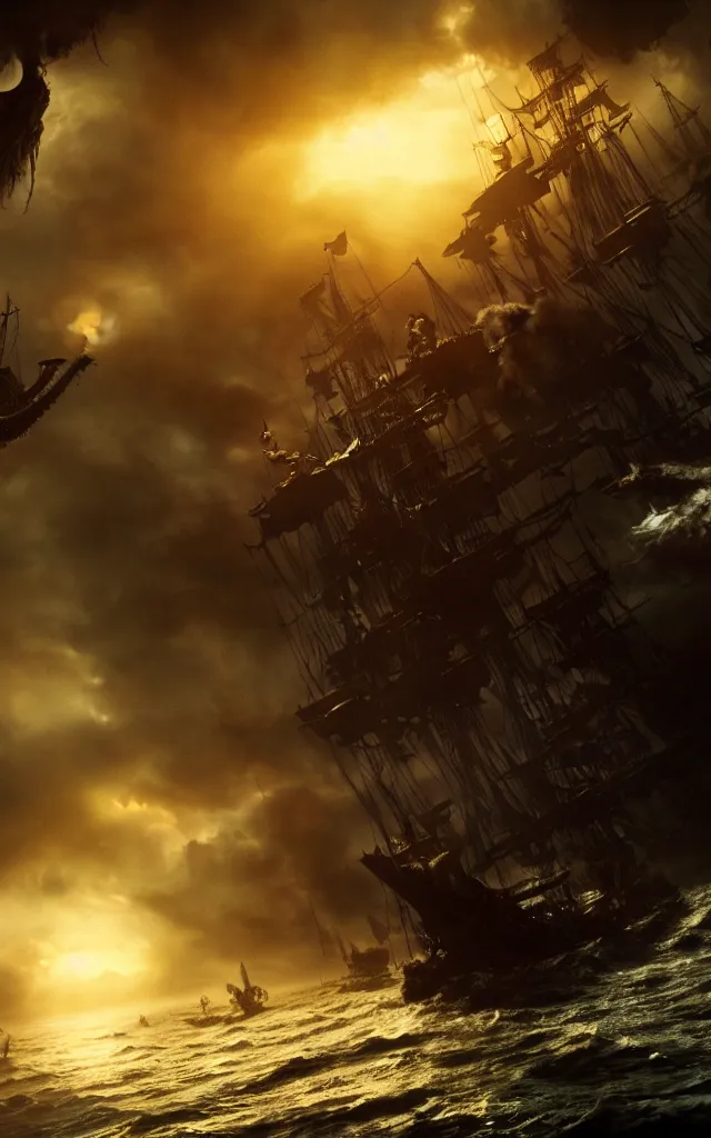 Prompt: pirates fighting cthulhu, cinematic atmosphere, maximized, high detail, 8k, ornate, dark fantasy, masterpiece, complex, film still from the movie directed by Denis Villeneuve