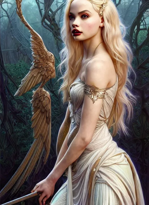 Image similar to ultra realistic illustration, a stunningly beautiful greek gothic goddess of chaos played by jordyn jones and dove cameron and margot robbie and taylor swift and megan fox, intricate, elegant, highly detailed, digital painting, artstation, concept art, smooth, sharp focus, illustration, art by artgerm and greg rutkowski and alphonse mucha