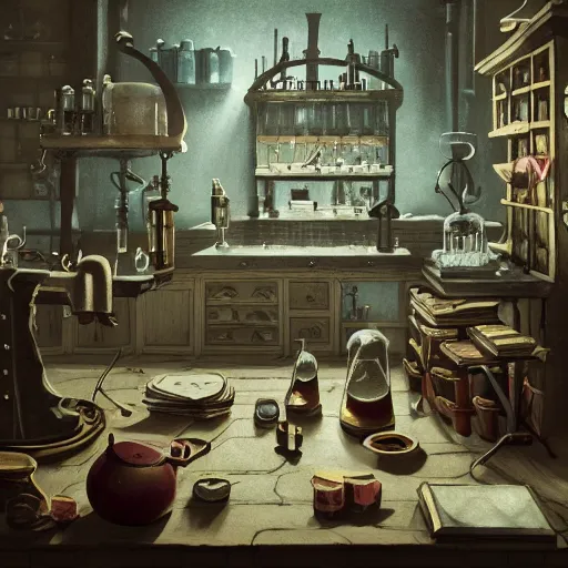 Prompt: inside a mysterious alchemist\'s laboratory, 70mm film, trending on artstation