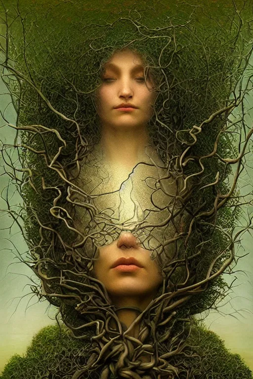 Prompt: Intricate stunning highly detailed portrait of mother earth, 🌱, by agostino arrivabene and Vladimir Kush, surreal, digital painting, ultra realistic, dramatic lighting, twisted vines, lush plants, pristine water, artstation