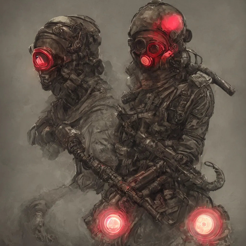 Image similar to soviet russian spetsnaz soldier wearing a demonic gasmask with glowing red eyes and three goggles and demonic tentacle instead of one arm, concept art, digital portrait, horror, creepy, concept art, military art, dark fantasy art, sci - fi, retrofuturism, artstation, highly detailed painting, art by eddie mendoza