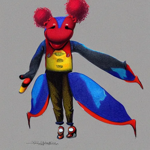 Image similar to design for a clown themed bipedal manta ray character who enjoys lofi beats, art by tim shafer from his work on psychonauts by double fine, believable color pencil sketches, professional art
