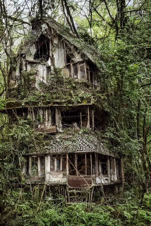 Prompt: a photo of an abandoned and overgrown ramshackle multistory hut in the woods, intricate, elegant, fantasy, highly detailed, sharp focus