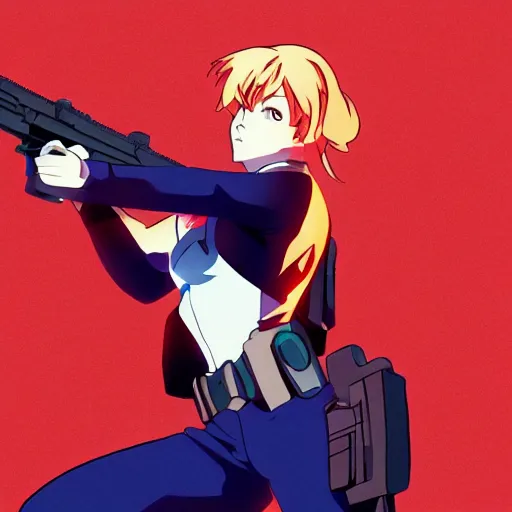 Image similar to stunning police woman pointing gun, cinematic shot, animation cel for anime movie, designed by haruhiko mikimoto, studio trigger, gainax, intense colors, trending on artstation, fan favorite design