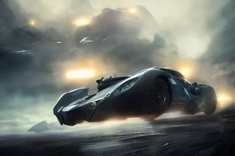 Image similar to the batmobile caught in the flow of time. octane render. 8 k. dark. atmospheric. cinematic. spectacular. sense of awe. mist. strong winds. sunrise. super slowmotion. matte painting painted by sparth and peter mohrbacher