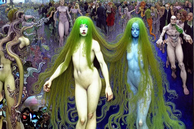 Prompt: realistic extremely detailed portrait painting of ghost girl with green hair wearing dress in a crowded sci-fi city street, very detailed alien crowd by Jean Delville, Amano, Yves Tanguy, Alphonse Mucha, Ernst Haeckel, Edward Robert Hughes, Roger Dean, rich moody colours, blue eyes