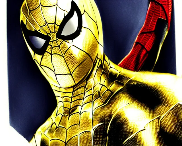 Prompt: photorealistic sketch of black spider - man with gold webbing