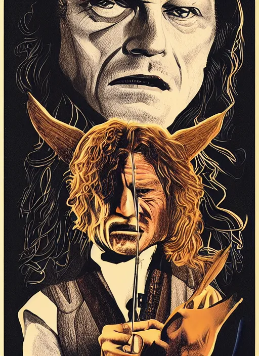 Image similar to a drawing of ted levine as buffalo bill in silence of the lambs, poster art by emiliano ponzi, behance contest winner, pop surrealism, concert poster, tarot card, poster art