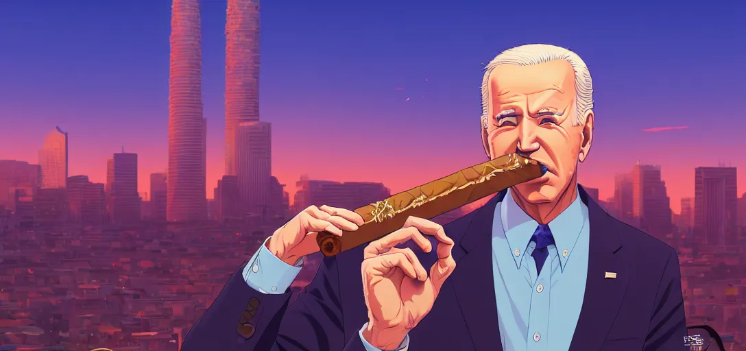 Prompt: ⁠portrait of Joe Biden Smoking a cigar , Karachi skyline background, rich vivid colors, ambient lighting, dynamic lighting, 4k, HQ, official media, anime key visual, makoto shinkai, ilya kuvshinov, lois van baarle, rossdraws, detailed, trending on artstation