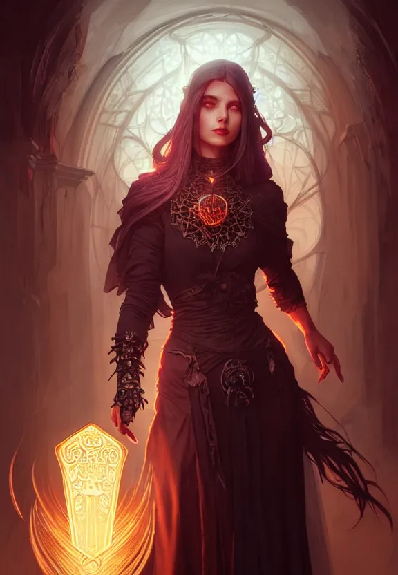 Image similar to Necromancer Sorceress in center, fantasy magic, undercut hairstyle, dark light night, intricate, elegant, sharp focus, illustration, highly detailed, digital painting, concept art, matte, art by WLOP and Artgerm and Greg Rutkowski and Alphonse Mucha, masterpiece