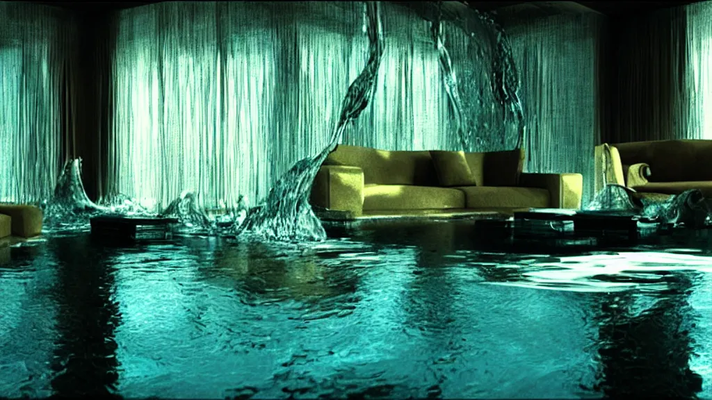 Prompt: water flows through the living room, water caustics, film still from the movie directed by denis villeneuve and david cronenberg with art direction by salvador dali and dr. seuss