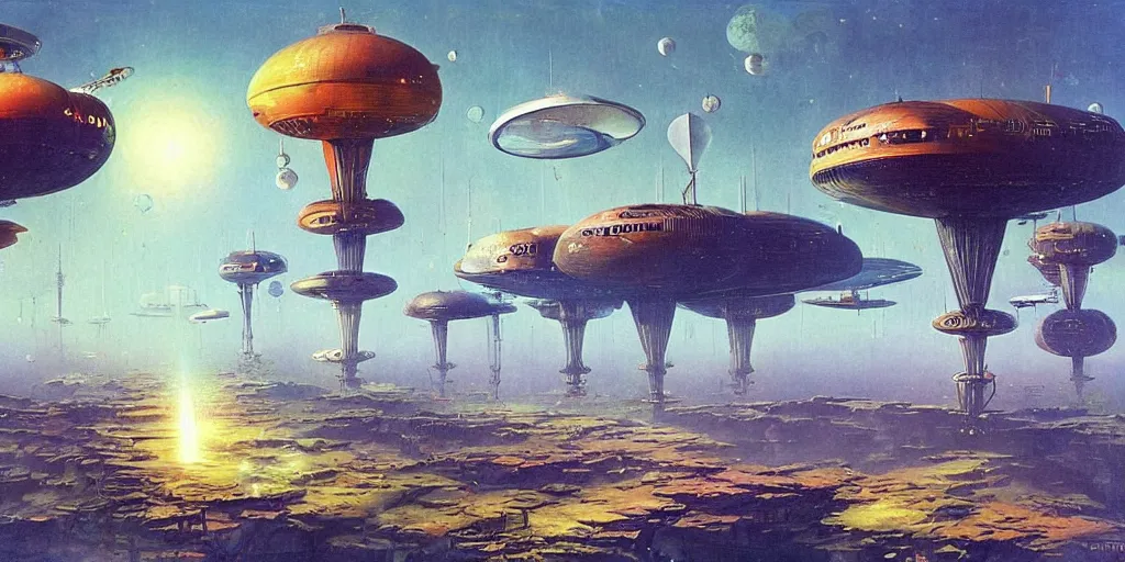 Prompt: landscape of an alien world, futuristic skywalks, giant steampunk airships float in the sky. by bruce pennington, by shaun tan. vibrant color