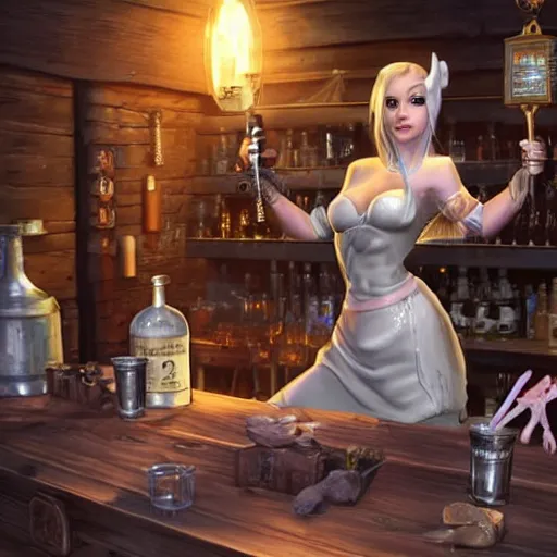 Image similar to Hyper realistic. MODESTLY CLOTHED White dragonborn barmaid in a tavern. Dragonborn. Dragonborn