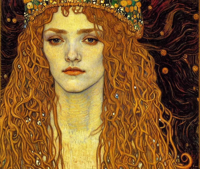 Image similar to detailed realistic beautiful young medieval queen face portrait by jean delville, gustav klimt and vincent van gogh, art nouveau, symbolist, visionary, gothic, pre - raphaelite, muted earthy colors, desaturated