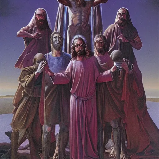 Prompt: Jesus Christ in the cross and the apostles under him by Wayne Barlowe