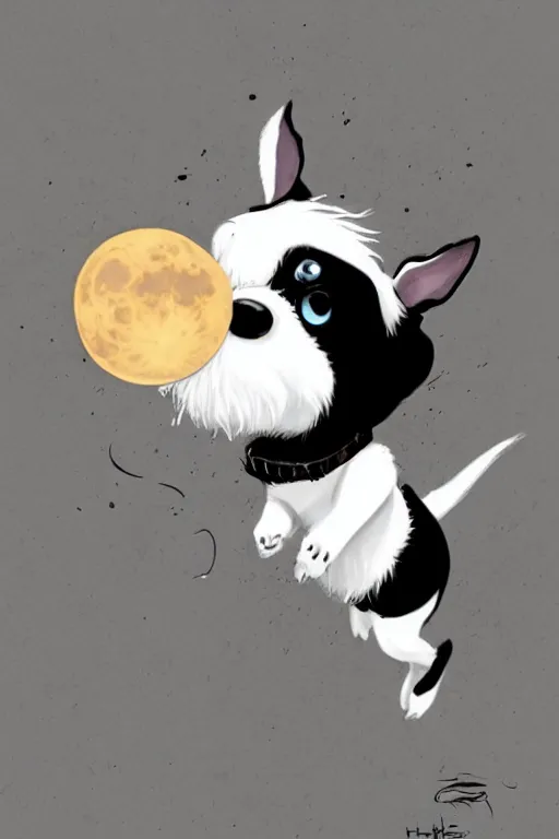 Image similar to cute jack black and white russel terrier jumping over a smiling moon, large round eyes, concept art, game art, character sheet, character design, by cory loftis and bill schwab