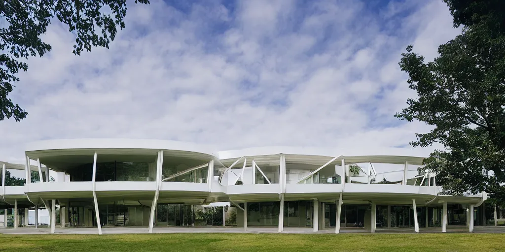 Image similar to residence in the style of seattle's pacific science center, high symmetrical crisscrossing white arches, designed by minoru yamasaki