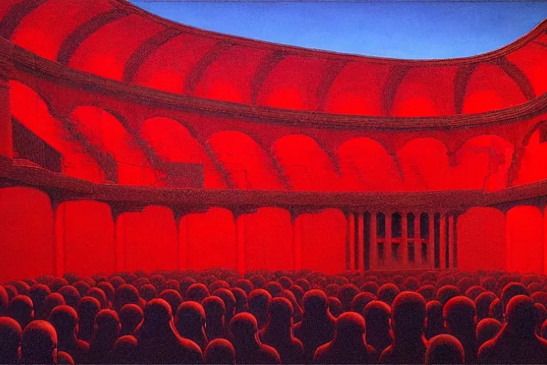 Image similar to only with red, a red great emperor, taormina amphitheatre, crowd with big smile, in the style of beksinski, parts by edward hopper, parts by rodcenko, parts by yue minjun, intricate and epic composition, red by caravaggio, insanely quality, highly detailed, masterpiece, red light, artstation, 4 k