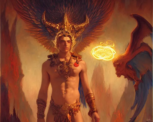 Image similar to attractive male deity, casting demonic magic, summoning handsome lucifer morning star. highly detailed painting by gaston bussiere, craig mullins, j. c. leyendecker 8 k