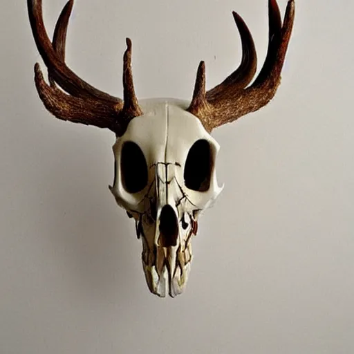 Image similar to macabre deer skull made with bones, dried skin and pearls made by Chris Haas