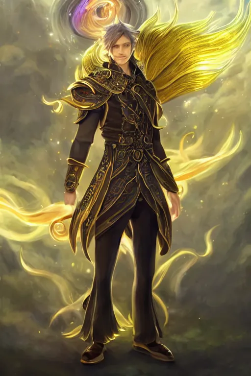 Prompt: fullbody portrait of a young male fit hero with strange hairs, soft smile, baroque cloth, luminous scene, final fantasy and legue of legends champion, by chengwei pan and sakimichan, gradient white to gold, in front of an iridescent magical building background, highly detailed portrait, digital painting, smooth, focus illustration