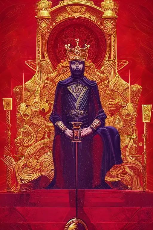 Image similar to the emperor tarot card, the crowned embodiment of male power holding the symbol of his power sits on a lavish red throne ruling with wisdom and care, 8 k resolution digital painting, by alena aenami, by michael whelan, behance hd, trending on artstation deviantart