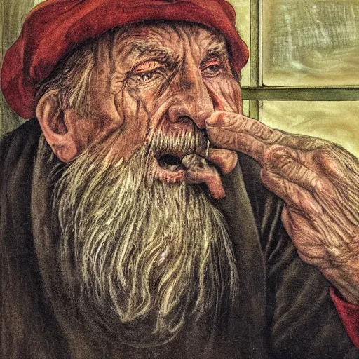 Prompt: an old man eating seen through a window