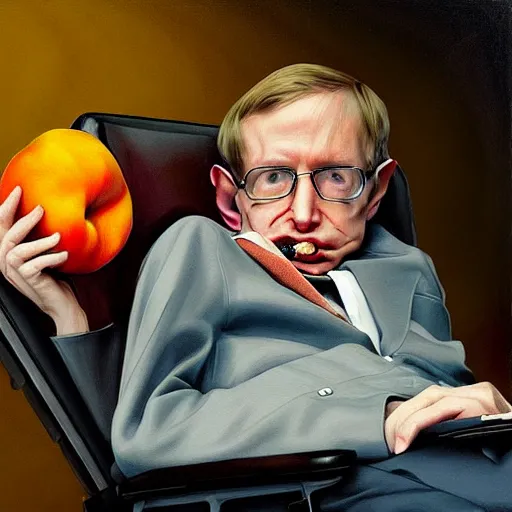 Prompt: stephen hawking eating a peach delicious food art greg rutkowski james gurney