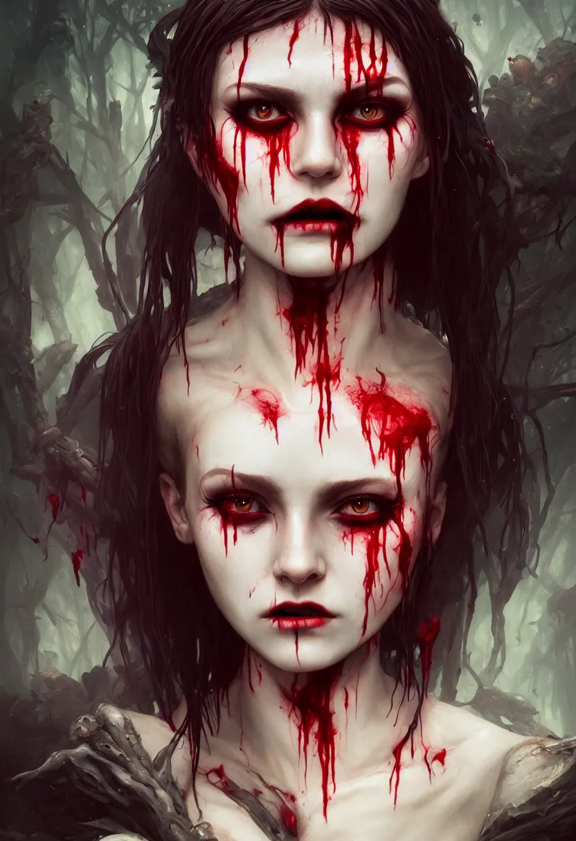 Image similar to beautiful very extreme closeup portrait, one face, bloody face, vampire girl, much blood, medieval dress. witch, makeup. unreal engine, greg rutkowski, loish, rhads, beeple, tom bagshaw, alphonse mucha, global illumination, detailed and intricate environment