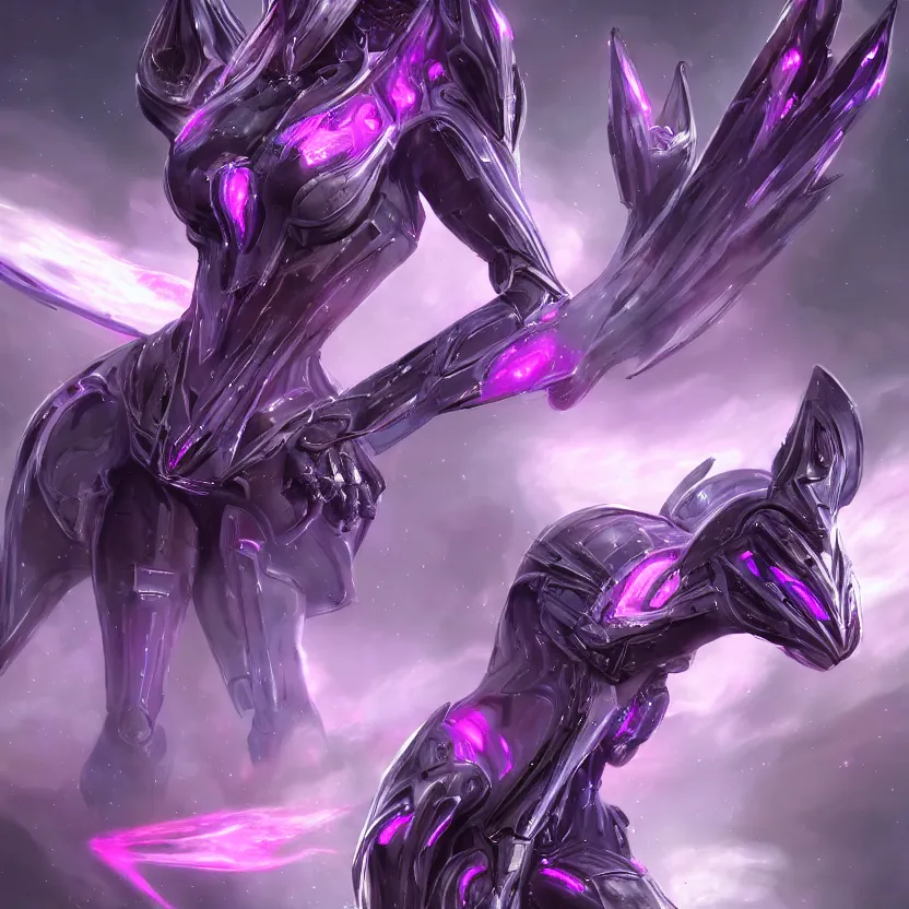 Image similar to cinematic front shot, cosmic sized proportional stunning beautiful hot female warframe, detailed robot mecha female dragon head, metal ears purple eyes, sleek silver armor, fuschia skin, floating in empty space, nebula sized, posing elegantly, epic proportions, epic size, epic scale, furry art, dragon art, giantess art, warframe fanart, furaffinity, deviantart