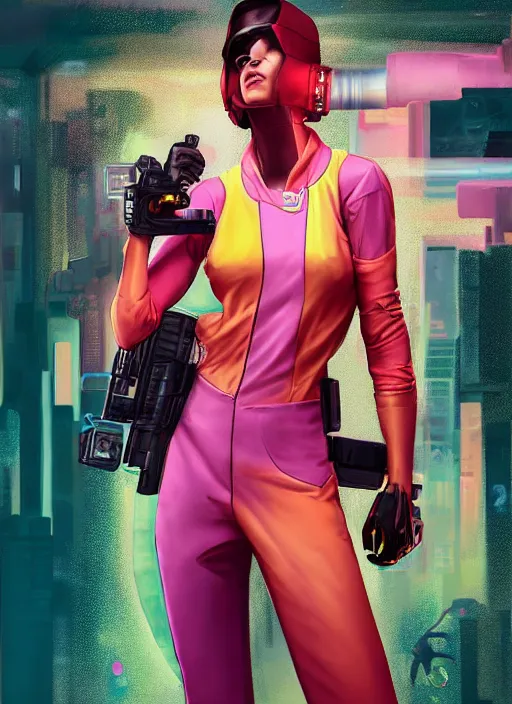 Prompt: beautiful cyberpunk female athlete wearing pink jumpsuit and yellow jacket. firing a futuristic red automatic pistol with huge magazine. ad poster for pistol. cyberpunk poster by james gurney, azamat khairov, and alphonso mucha. artstationhq. gorgeous face. painting with vivid color, cell shading. ( rb 6 s, cyberpunk 2 0 7 7 )