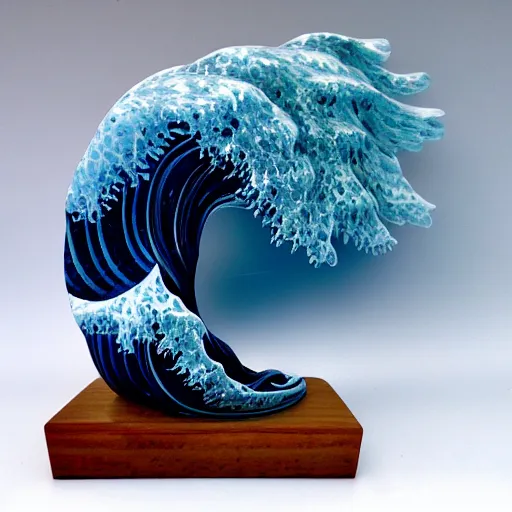 Prompt: a blown glass sculpture of a wave on a table in the style of the great wave off kanagawa, texture by ivan aivazovsky!!!