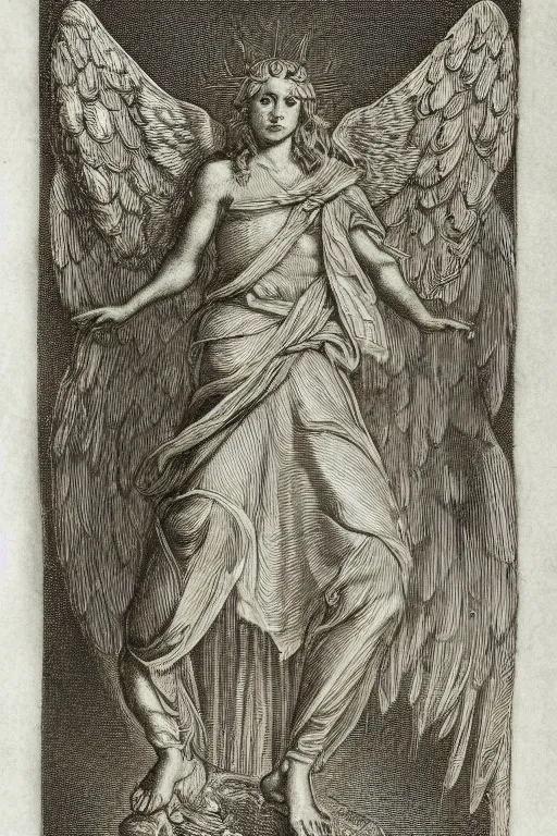 Image similar to A copper engraving of a beautiful michael the archangel with his wings spread triumphantly, glorious, HD, 4k, 8k, incredibly detailed, intricate, masterpiece,