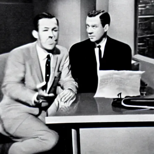 Prompt: 1 9 6 0's news broadcast, a man in vintage suit sitting at a silver desk while being stalked by a gigantic black panther