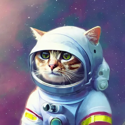 Image similar to head and shoulders masterpiece portrait of a cute adorable cat wearing a spacesuit, surreal background, digital art by krenz cushart, trending on artstation, cgsociety,