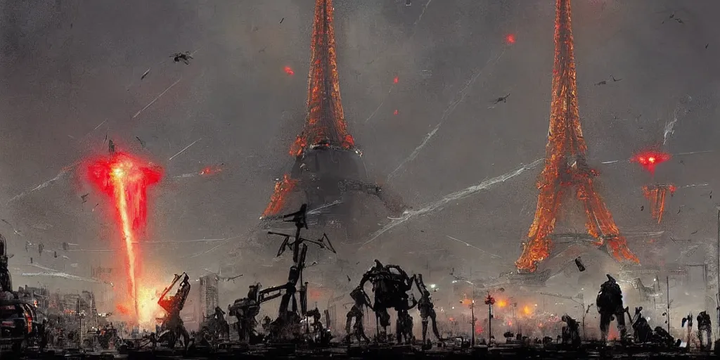 Prompt: war of the worlds, giant mech attack paris, human soldiers, eiffel tower! intense fighting, glowing lights!! digital painting, very detailed, art by jakub rozalski