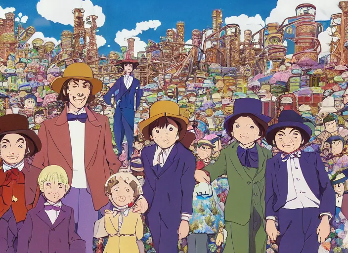 Image similar to film still of Willy Wonka's and the Chocolate Factory 1971 Artwork by Dice Tsutsumi, Makoto Shinkai, Studio Ghibli