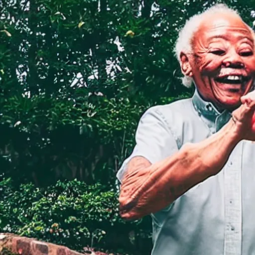 Prompt: grandpa dances for joy because he began to understand hip-hop