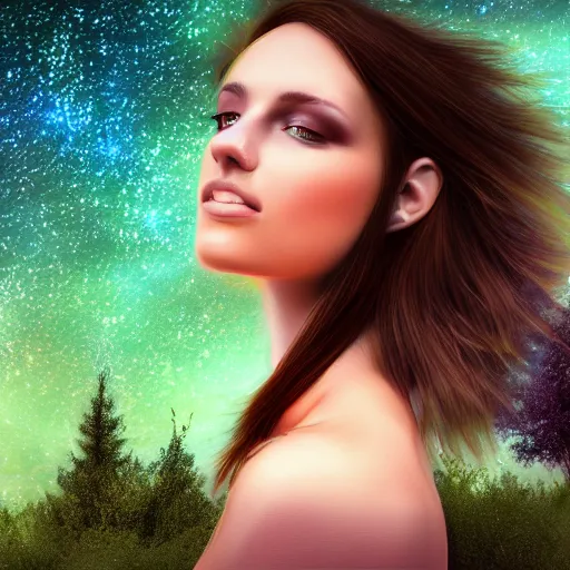 Image similar to an hd photo of a young woman with short brown hair, green eyes, beautiful trees in the background, night sky with multicolor stars and galaxies, trending on artstation