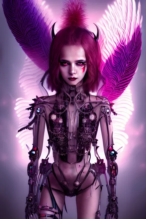 Image similar to portrait futuristic Devil Girl with horns and wings and feathers and armor, creepy smile, in future cyberpunk tokyo rooftop , ssci-fi, fantasy, intricate, very very beautiful, elegant, human anatomy, human structure, neon light, highly detailed, digital painting, artstation, concept art, smooth, sharp focus, illustration, art by tian zi and WLOP and alphonse mucha