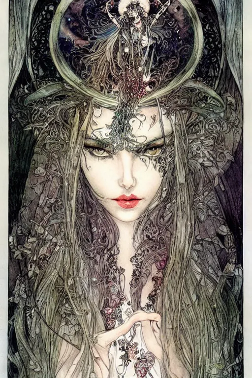 Image similar to dark fairy queen closeup face surrounded by floral frame, art by luis royo and walter crane and kay nielsen, watercolor illustration,