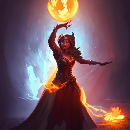 Image similar to The sorceress casting a fireball, Official Hearthstone artwork by Greg Rutkowski in Hearthstone Art style