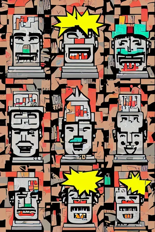 Image similar to vector sprite moai statue popart slap face caricature comic book illustration cartoon graffity street digital