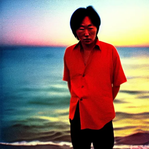 Image similar to tatsuro yamashita standing in the ocean looking at the camera, wide shot, far!!!!!!! away, zoomed out, distance!!!!!!! shot, sunset, centered!!!!!!!!!!, album cover, 1980, ride on time