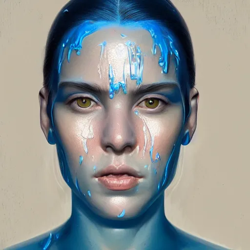 Prompt: face dripping with blue goo hyperrealistic portrait, photo realistic, poster, artstation, volumetric lighting, digital art, very detailed face by magali villeneuve