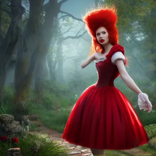 Prompt: red head queen, alice in wonderland theme, disney photo realistic, octane render, 8 k, unreal engine, hd, cinematic lighting