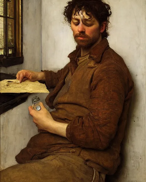 Image similar to an exhausted painter in his studio with a whiskey bottle by edgar maxence and caravaggio, intricate painting, hyper realistic, extremely detailed and beautiful aesthetic face, 8 k resolution