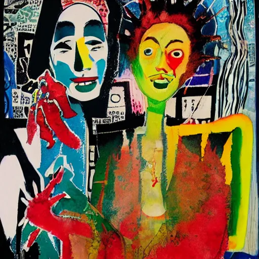 Image similar to watercolor painting of two bizarre psychedelic women kissing in japan in winter, speculative evolution, mixed media collage by basquiat and jackson pollock, maximalist magazine collage art, sapphic art, psychedelic illustration