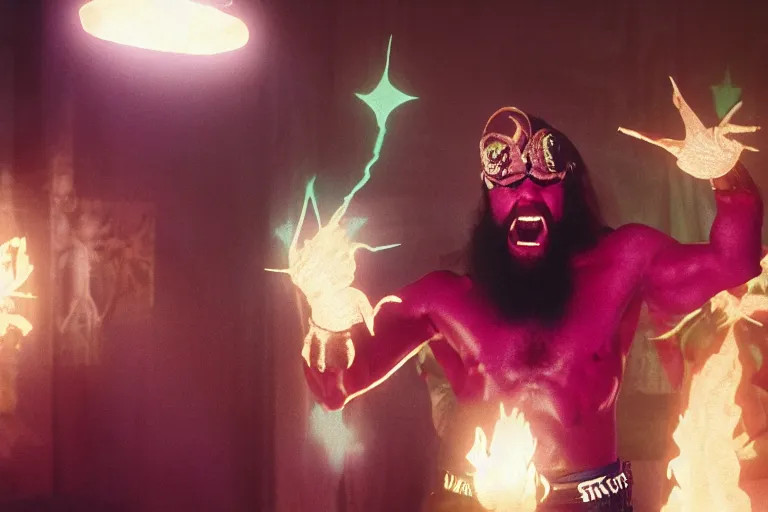 Prompt: ouja board summoning the ghost of macho man randy savage, movie still, cinematic lighting, 8 k