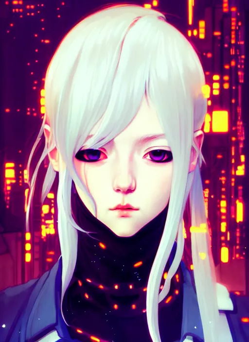 Image similar to portrait Anime girl cyberpunk, cute-fine-face, white-hair pretty face, realistic shaded Perfect face, fine details. Anime, cyberpunk. realistic shaded lighting by Ilya Kuvshinov and Gustav Klimt